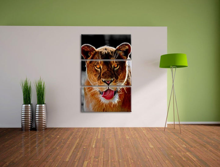 Dark schöne Löwin schwarz/weiss Deluxe 3-Teiler Leinwandbild 120x80 Bild auf Leinwand, XXL riesige B