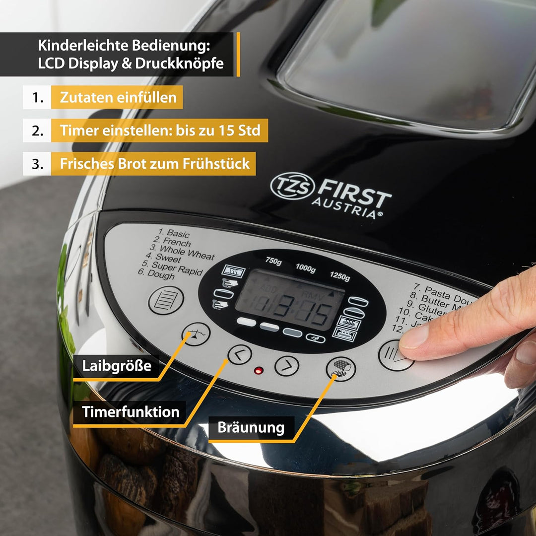 TZS First Austria Brotbackautomat mit 12 Automatikprogrammen, 700g-1000g-1250g Füllmenge, Timer, ein