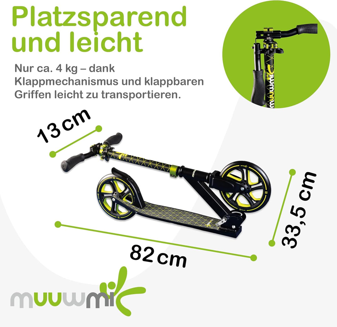 muuwmi Aluminium Scooter Pro – Tretroller, 215 mm, ABEC 7, für Kinder und Erwachsene, GS-geprüft, hö