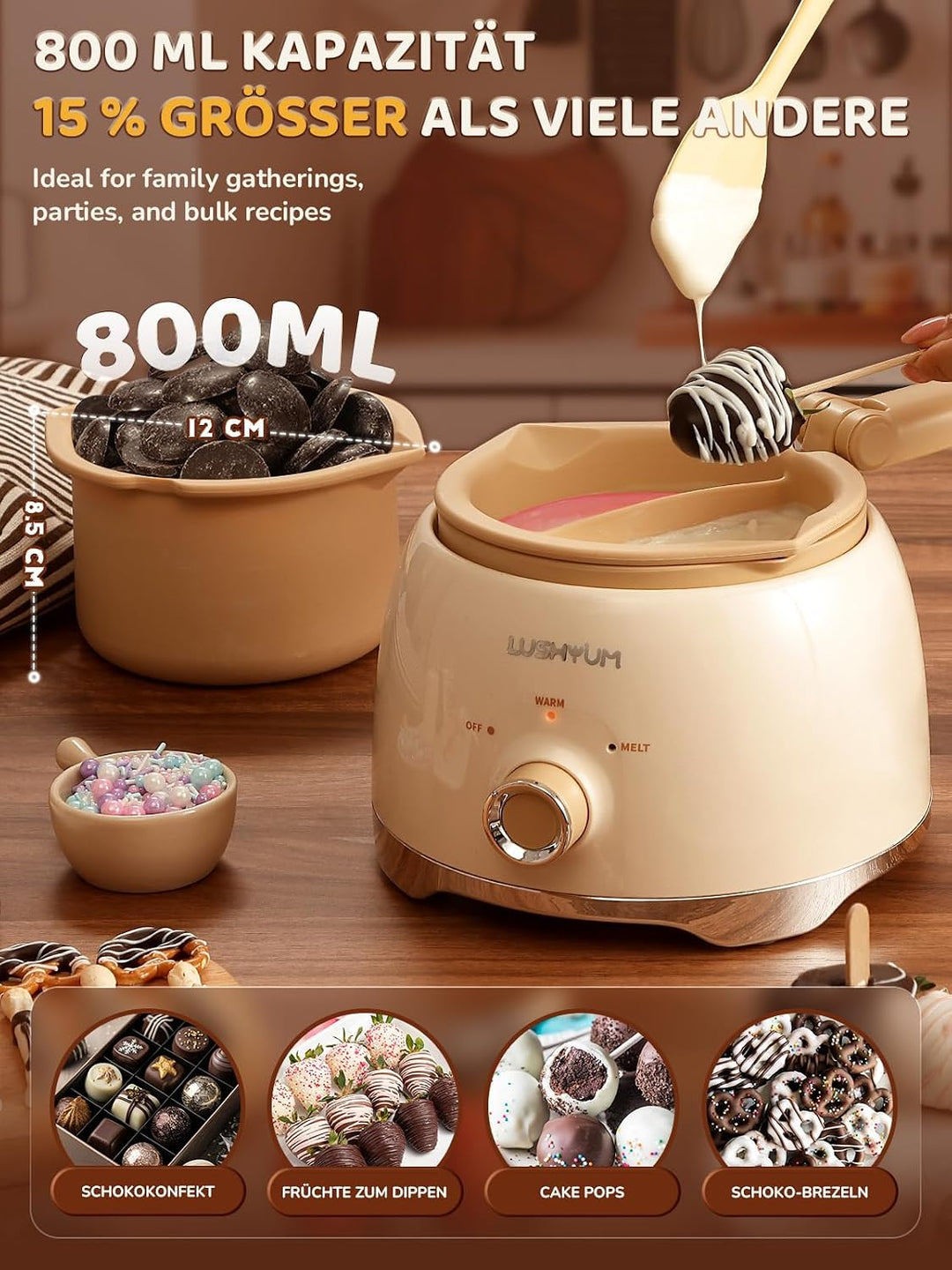 LUSHYUM Schokoladenschmelztopf Candy Melts Schmelzgerät mit 2 Einsatztöpfen, 4 Tassen Kapazität Wärm