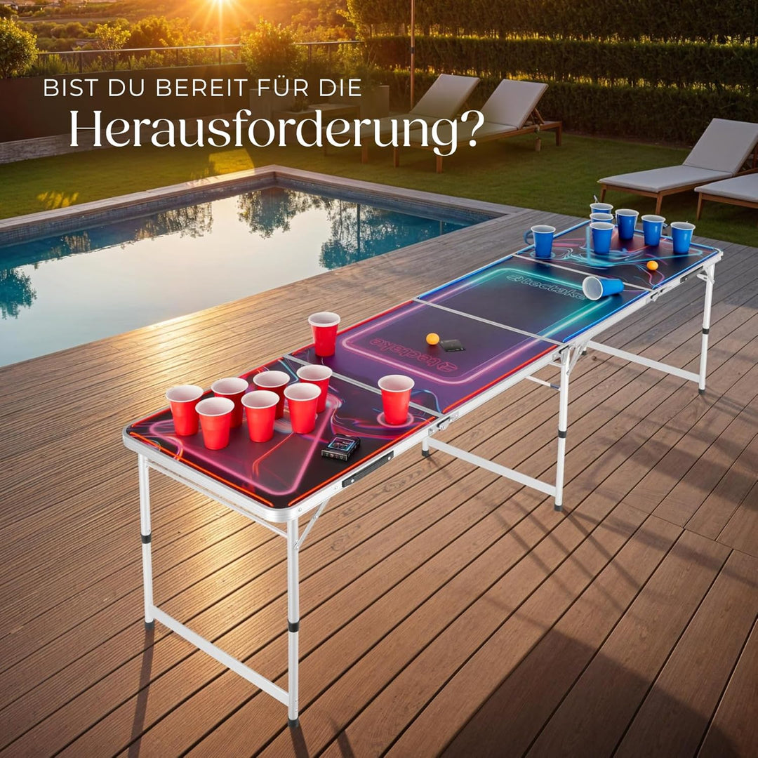 tectake® Bierpong Tisch mit Party Deko LED Beleuchtung, Tisch höhenverstellbar, Klapptisch, Set mit