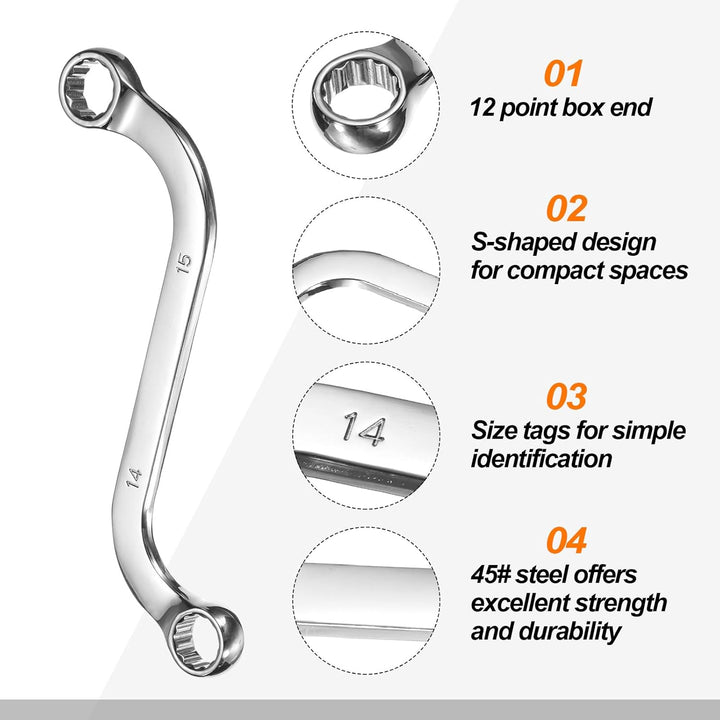 QUARKZMAN 14mm x 15mm/16mm x 17mm Doppel Ringschlüssel Metrischer 12-Punkt S-Form Verchromt 45# Stah