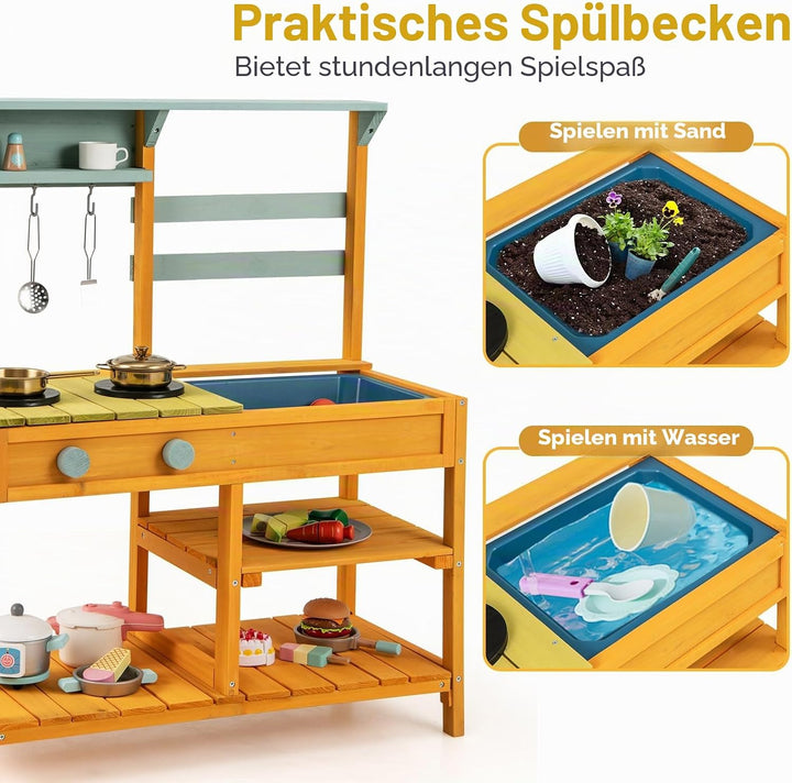 HOMASIS Matschküche Kinder Outdoor, Kinderküche mit Waschbecken Spüle Herd, Spielküche Holz, Spielze
