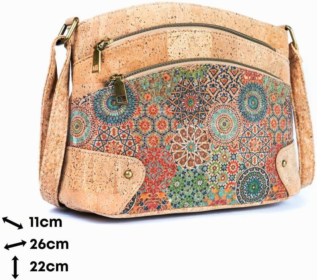 DeCarbonize Crossbody Handtasche aus Kork Veganleder Nachhaltig Damen Umhängetasche 3-Zip Blümchen W