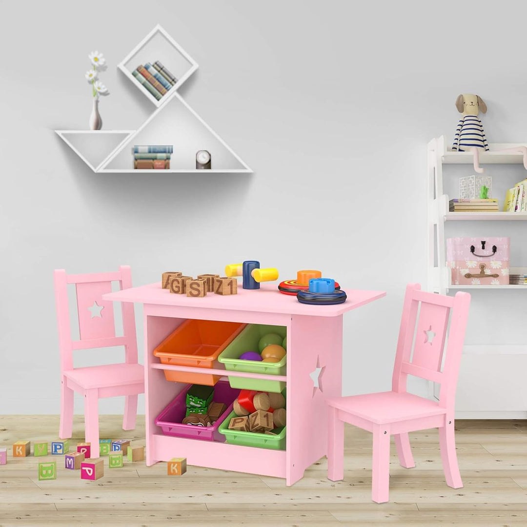 Kinder Tisch und Stuhl Set - Kindertische Massivholz und Rosa - Tisch mit 4 Aufbewahrungsboxen, Star