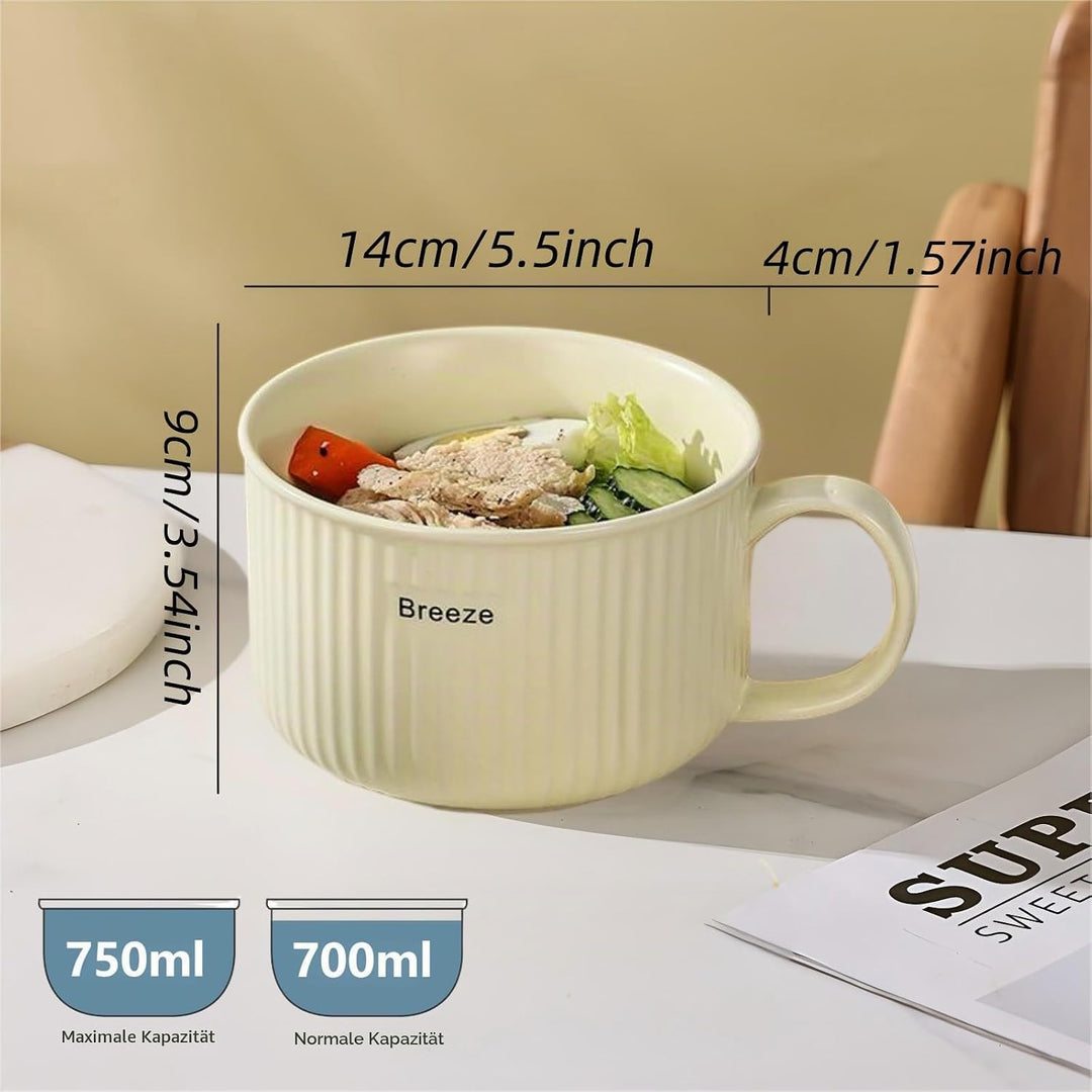 Keramik Suppenschalen mit Griff und Deckel, 750 ml Grosse Suppentasse für Suppe, Instant-Nudel, Müsl