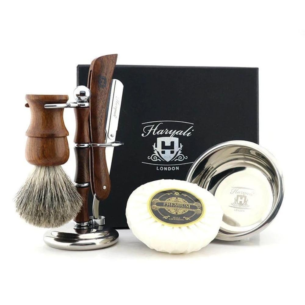 Haryali London Klassisches 5-in-1 Rasierset, Rasiermesser, Rasierpinsel, Rasierständer, Rasierschale