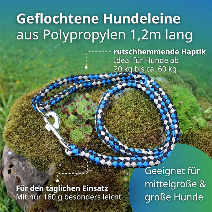 Geflochtene Hundeleine für mittelgrosse und grosse Hunde bis 60 kg | Kurze Führleine | 1,20 m lang |