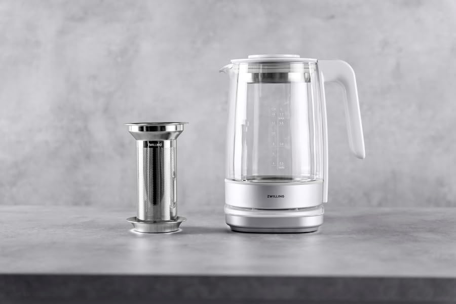 ZWILLING ENFINIGY Wasserkocher aus Glas mit Teesieb & Temperatureinstellung & Teetimer, 185o Watt, 1