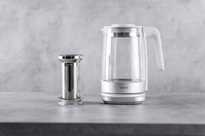 ZWILLING ENFINIGY Wasserkocher aus Glas mit Teesieb & Temperatureinstellung & Teetimer, 185o Watt, 1