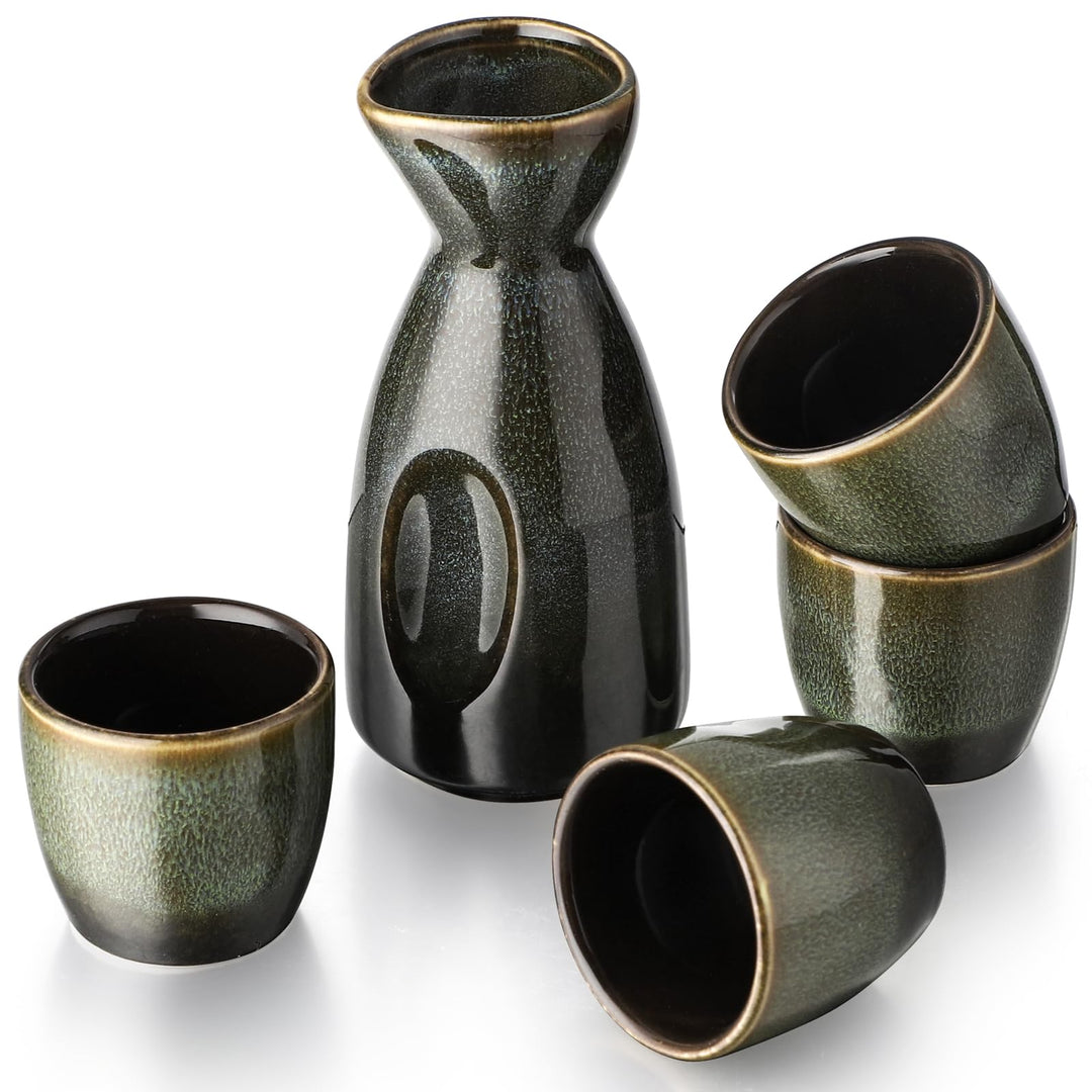 Keramik Sake Satz für Wärmeren Liquor Sake Set 1 Sake-topf mit 4 Sake Becher (Grün Schwarz), Grün Sc