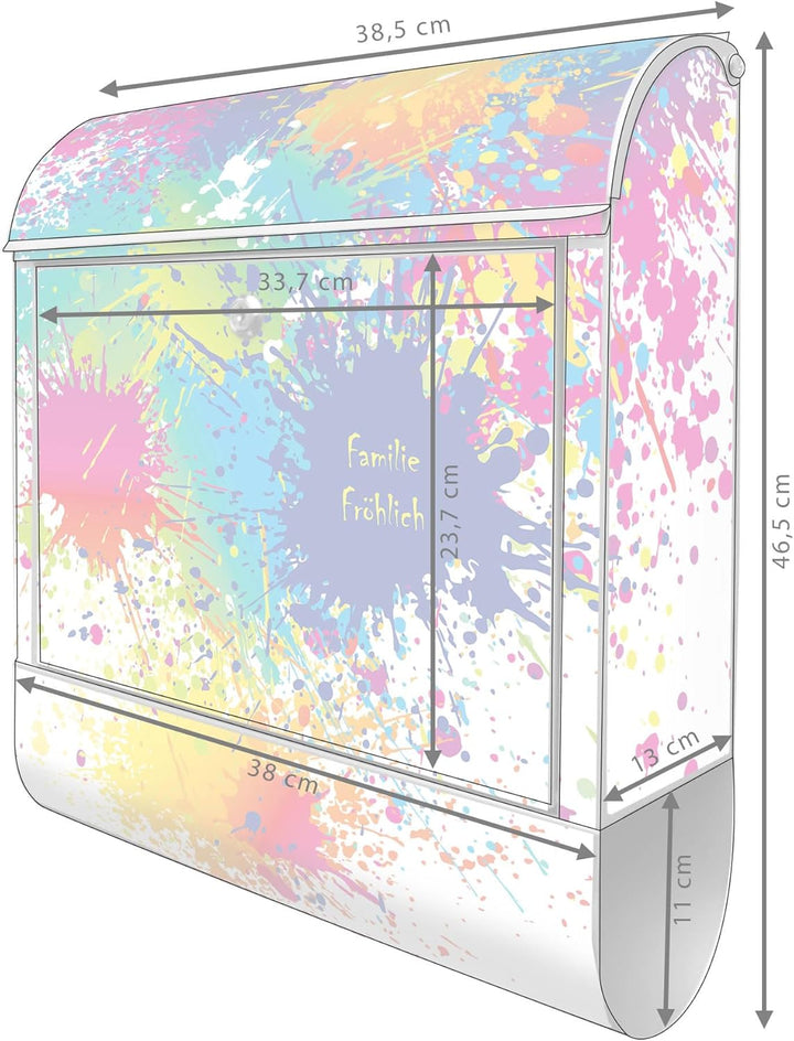 banjado® Design Briefkasten personalisiert mit Motiv Farbspritzer 39x47x14cm & 2 Schlüssel - Briefka