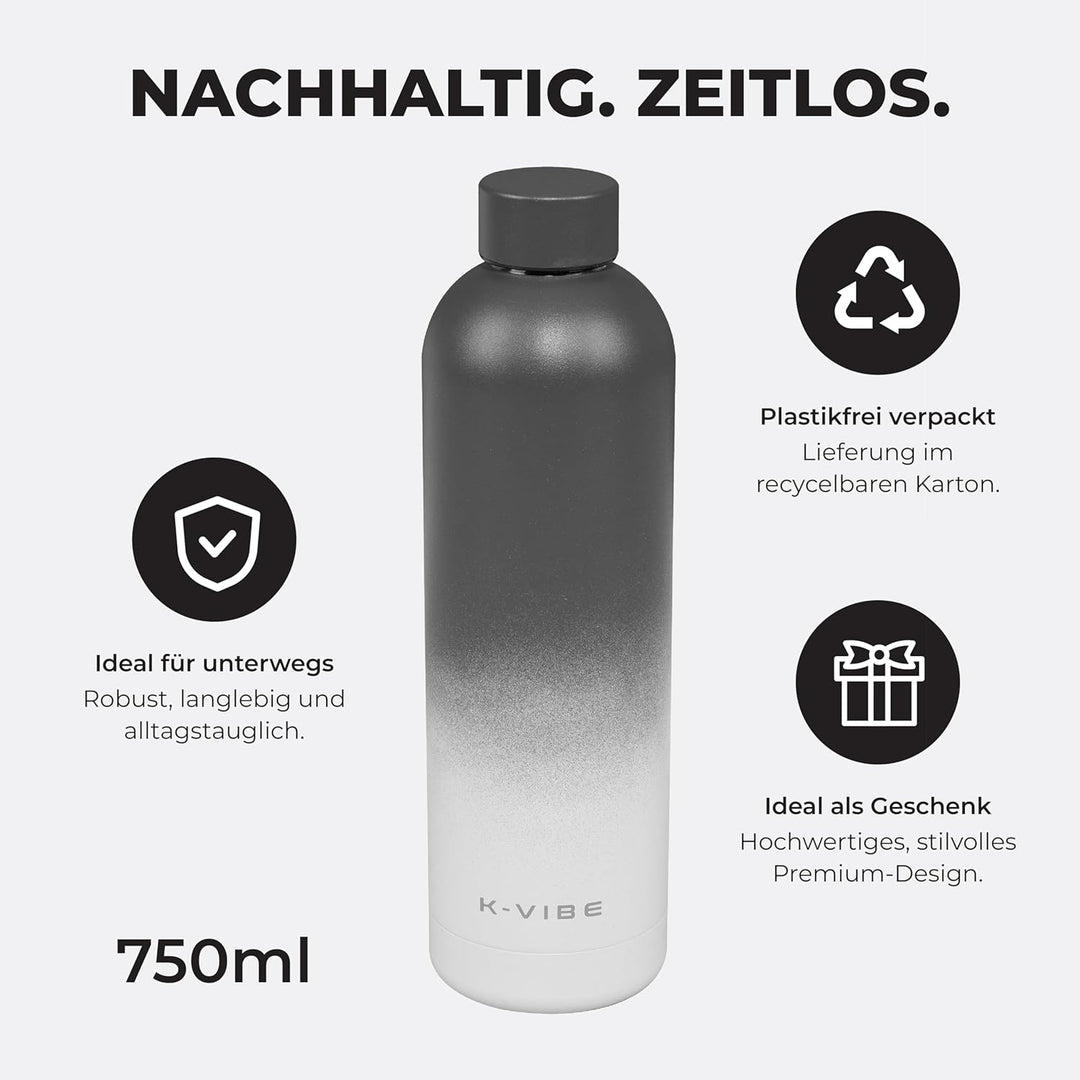 K-VIBE Isolierte Trinkflasche 750 ml – Edelstahl Thermosflasche doppelwandig & kohlensäuregeeignet –