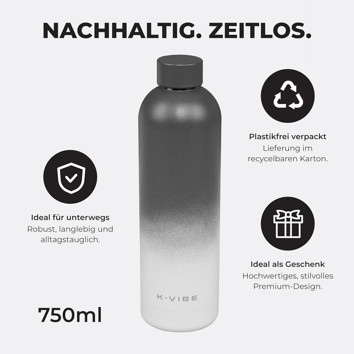 K-VIBE Isolierte Trinkflasche 750 ml – Edelstahl Thermosflasche doppelwandig & kohlensäuregeeignet –