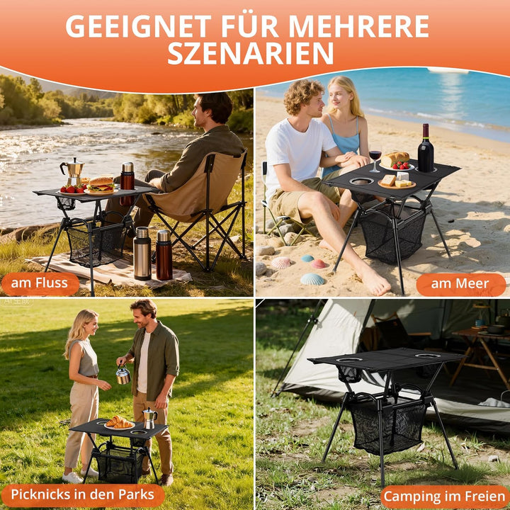 FUNYKICH Campingtisch klappbar, Ultraleicht Klapptisch mit Netztasche und 2 Getränkehaltern, 15KG Tr