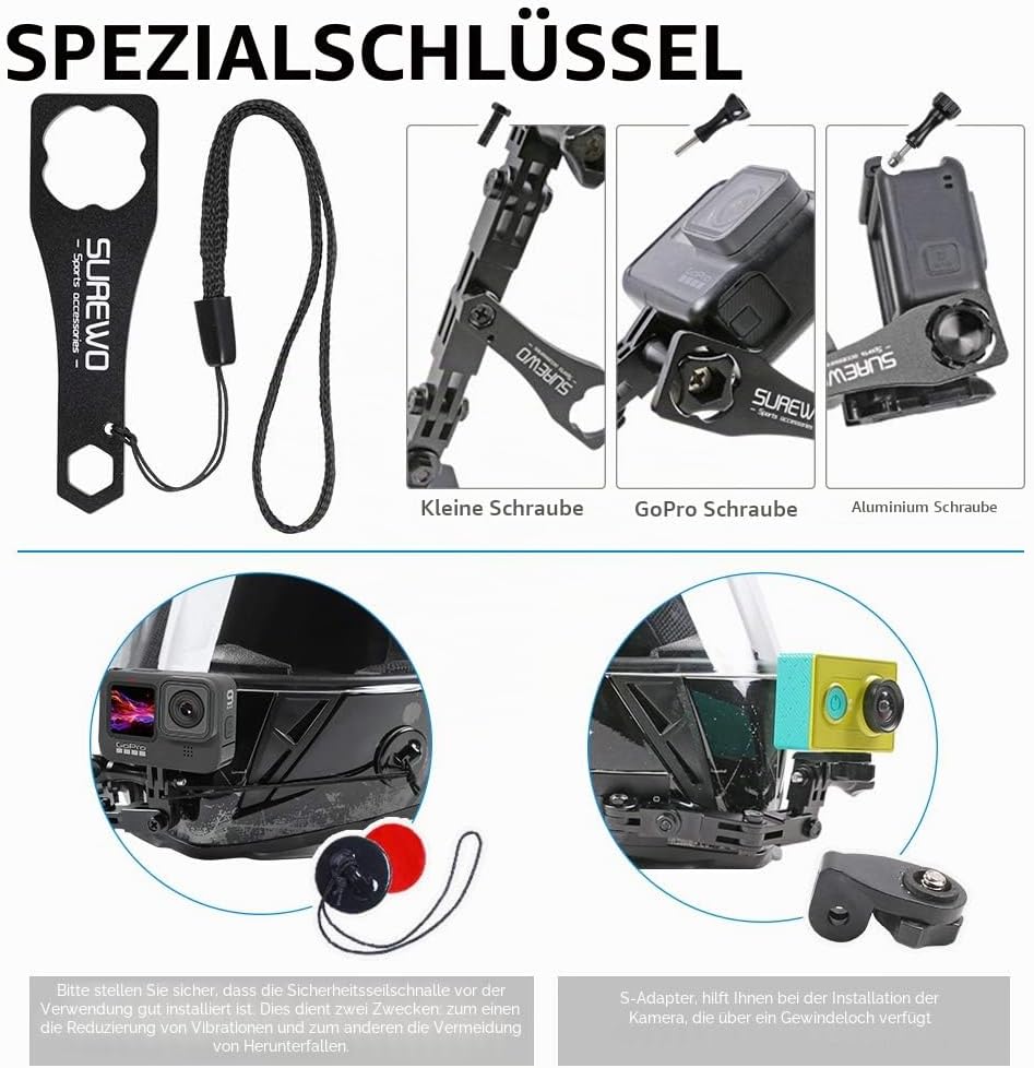 SUREWO Aluminium Motorrad helmhalterung für GoPro Hero 11/10/9/8/7 / (2018) / 6/5 Schwarz ,APEMAN /