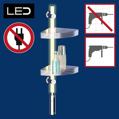 WENKO LED Duscheckregal, 2 Ablagen, Design-Duschstange mit integrierter, vollflächiger & energiespar