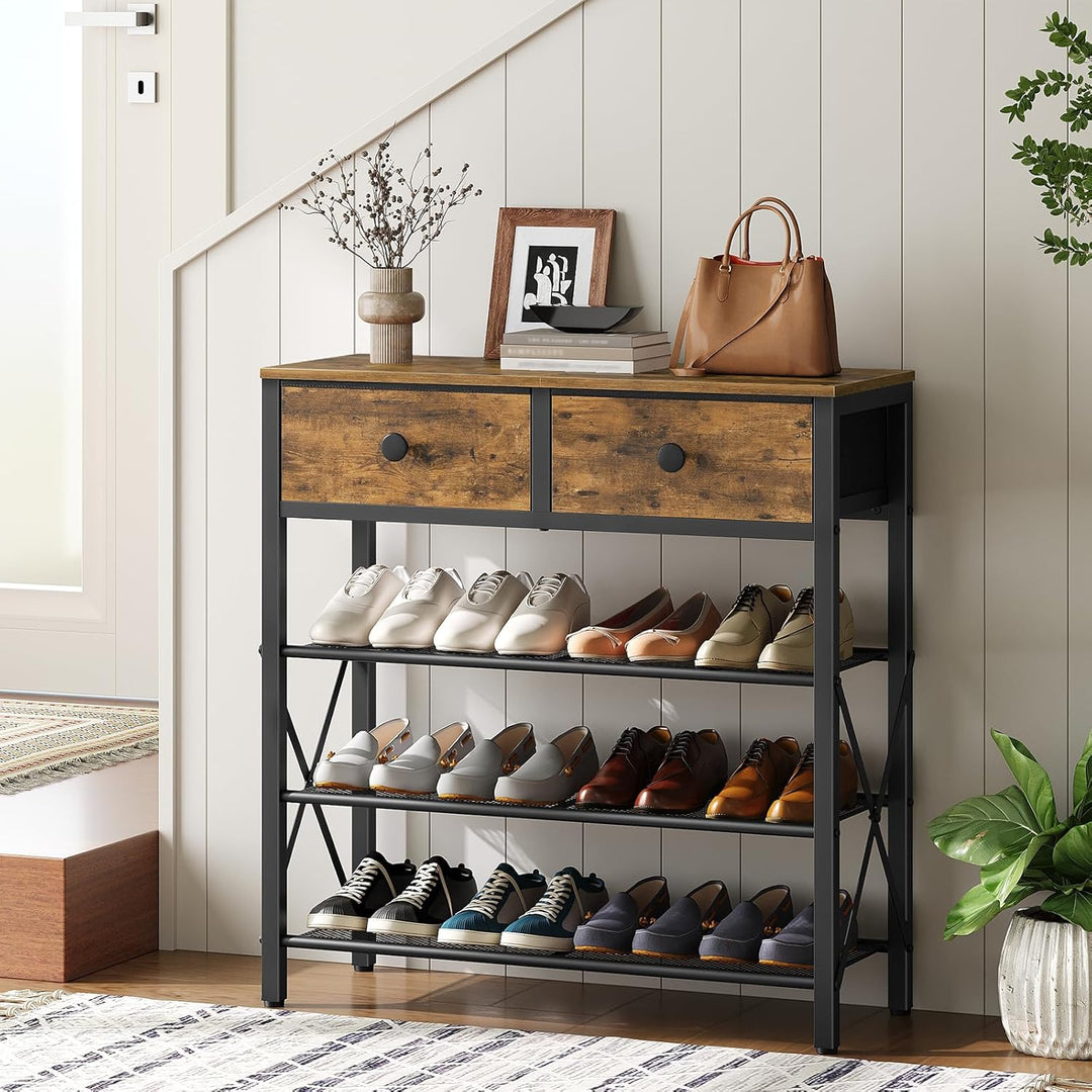 YATINEY Schuhregal, Schuhablage mit 4 Ebenen, Schuhregal gross, Schuhständer mit 2 Stoffschubladen u