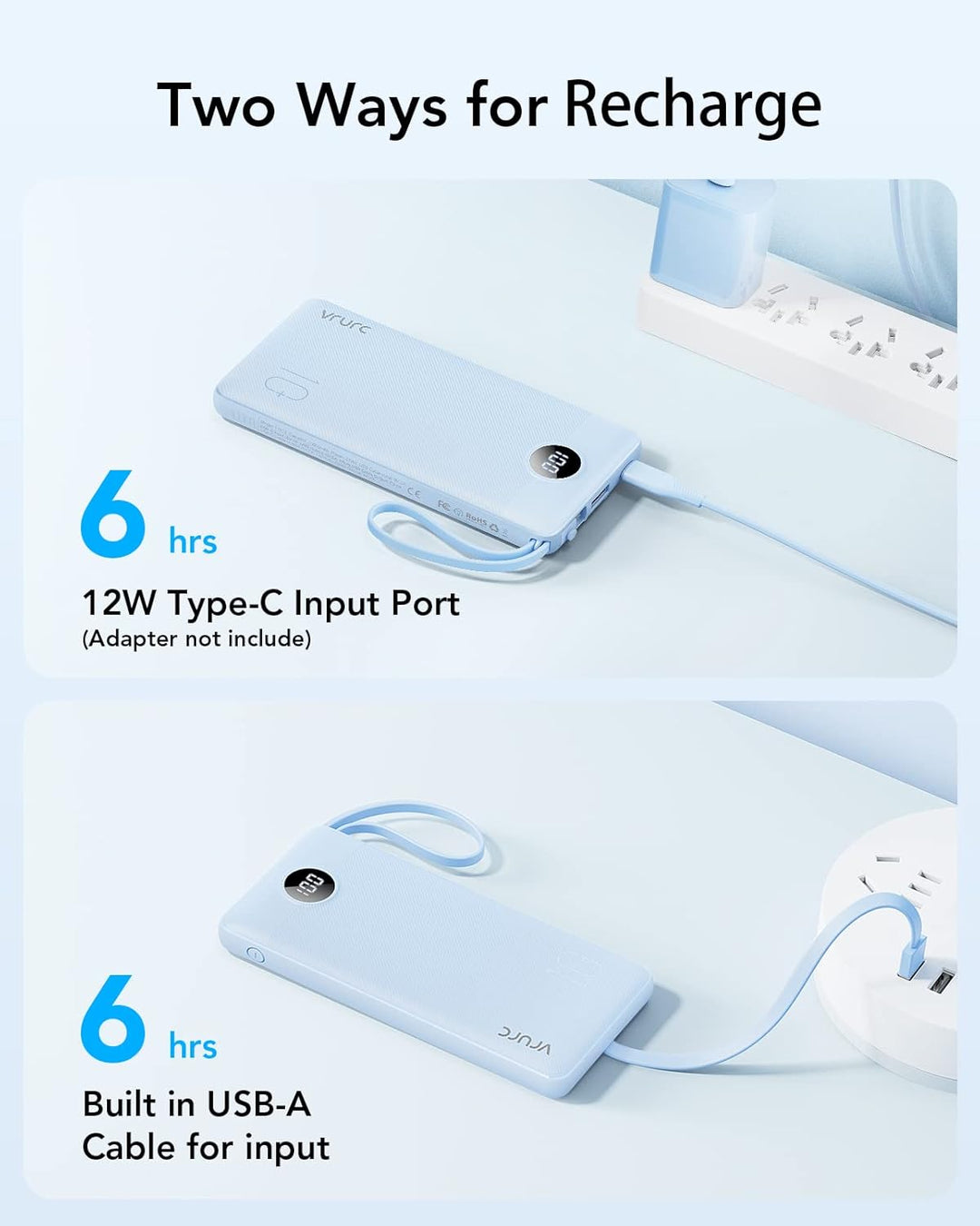 VRURC Powerbank 10000mAh mit Kabel, Power Bank Tragbares Ladegerät USB C Externer Handyakkus LED Dis