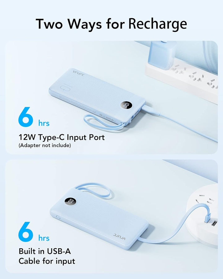 VRURC Powerbank 10000mAh mit Kabel, Power Bank Tragbares Ladegerät USB C Externer Handyakkus LED Dis