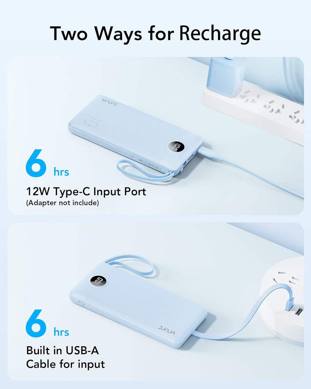 VRURC Powerbank 10000mAh mit Kabel, Power Bank Tragbares Ladegerät USB C Externer Handyakkus LED Dis