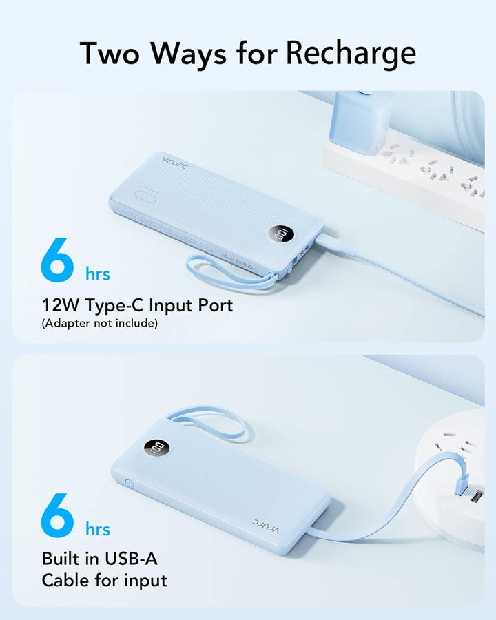 VRURC Powerbank 10000mAh mit Kabel, Power Bank Tragbares Ladegerät USB C Externer Handyakkus LED Dis