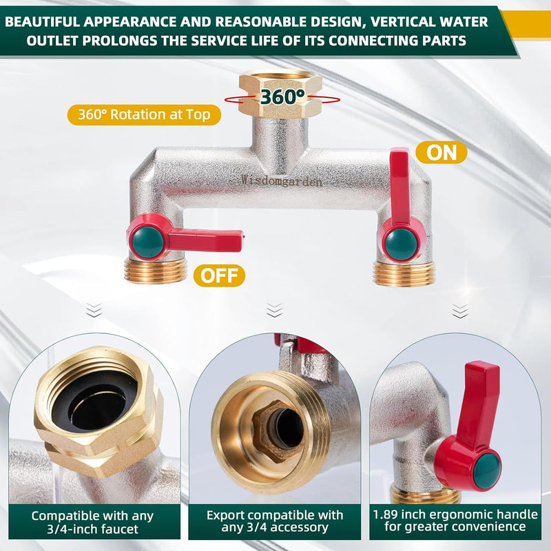 Wisdomgarden Wasserverteiler 2fach, Schwere Vernickelt Messing gartenschlauch verteiler, 2 wege vert