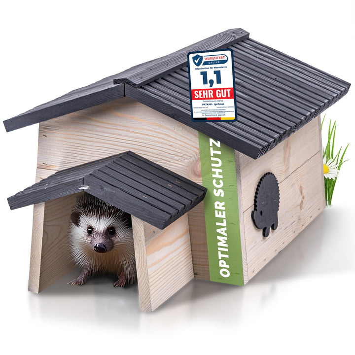 PATKAR Igelhaus Winterfest mit Boden [SCHÜTZT VOR FRESSFEINDEN] - Premium Igelfutterhaus (Made in Eu