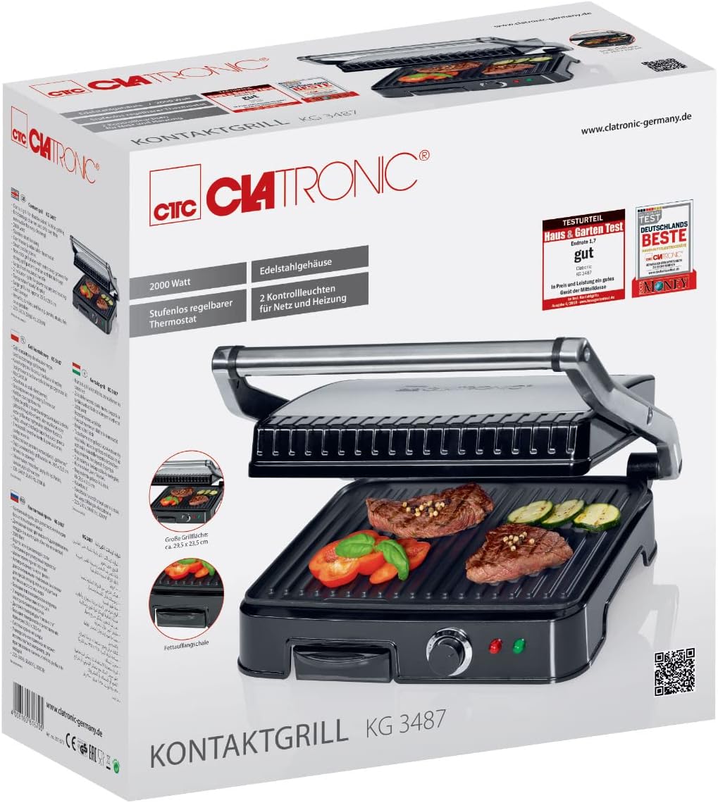 Clatronic KG 3487 Kontaktgrill für beidseitiges, fettfreies Grillen, antihaftbeschichtete Grillplatt