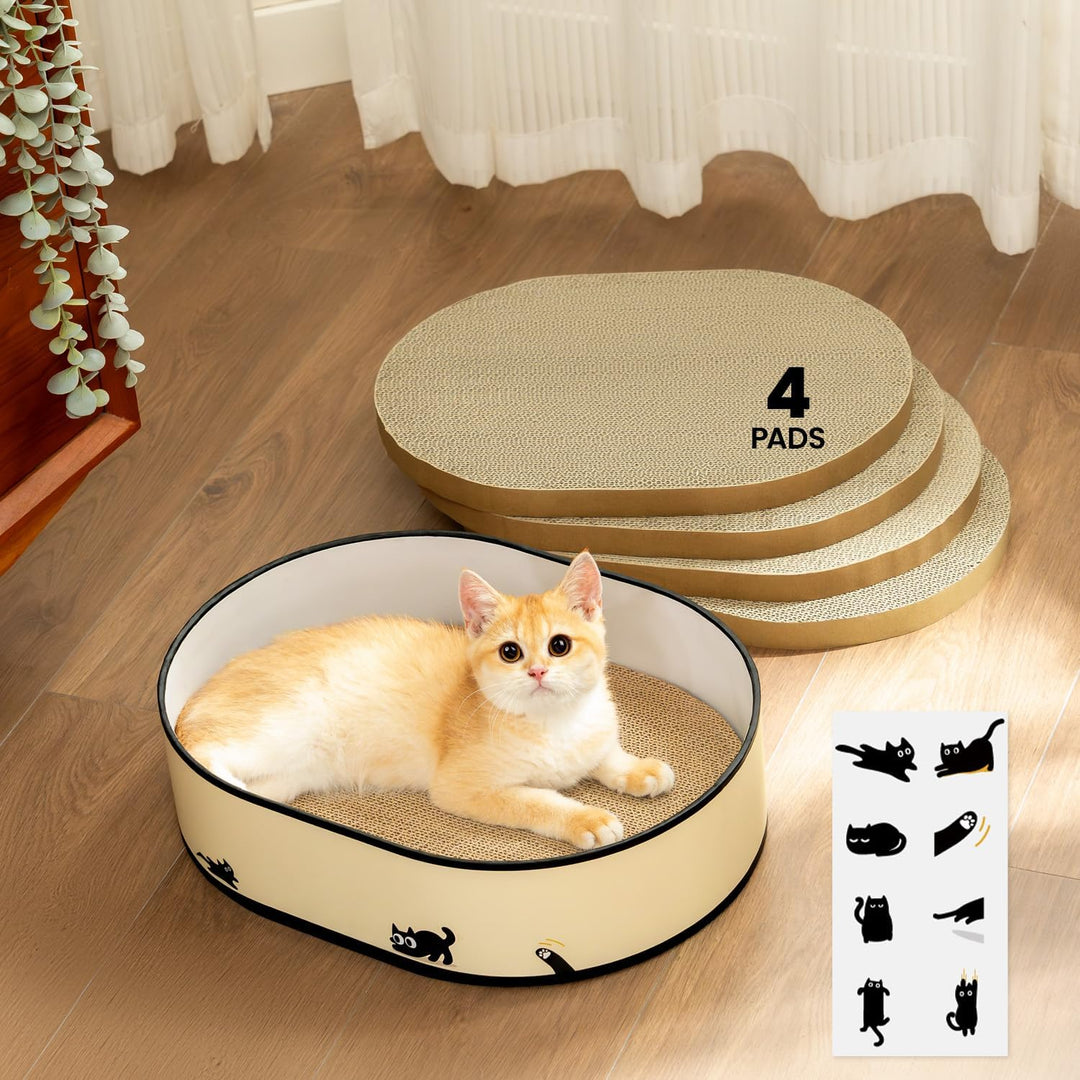 Kratzbrett für Katzen mit Box & 4 ersetzbaren Kratzpappe - Gross Kratzmöbel aus robustester Wellpapp