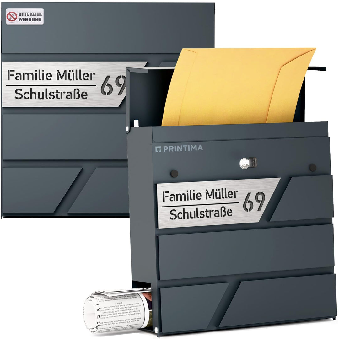 Julia Personalisierter Briefkasten Anthrazit (RAL7016) mit Zeitungsfach: Wetterbeständigkeit, Funkti