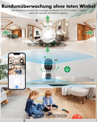 YESYAMO Überwachungskamera Innen mit 4MP Doppelobjektiv, 360° PTZ Kamera Indoor, Duale Ansicht, 5Ghz