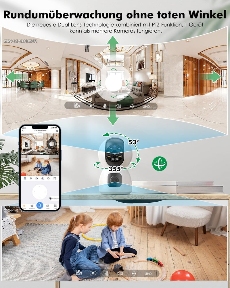 YESYAMO Überwachungskamera Innen mit 4MP Doppelobjektiv, 360° PTZ Kamera Indoor, Duale Ansicht, 5Ghz