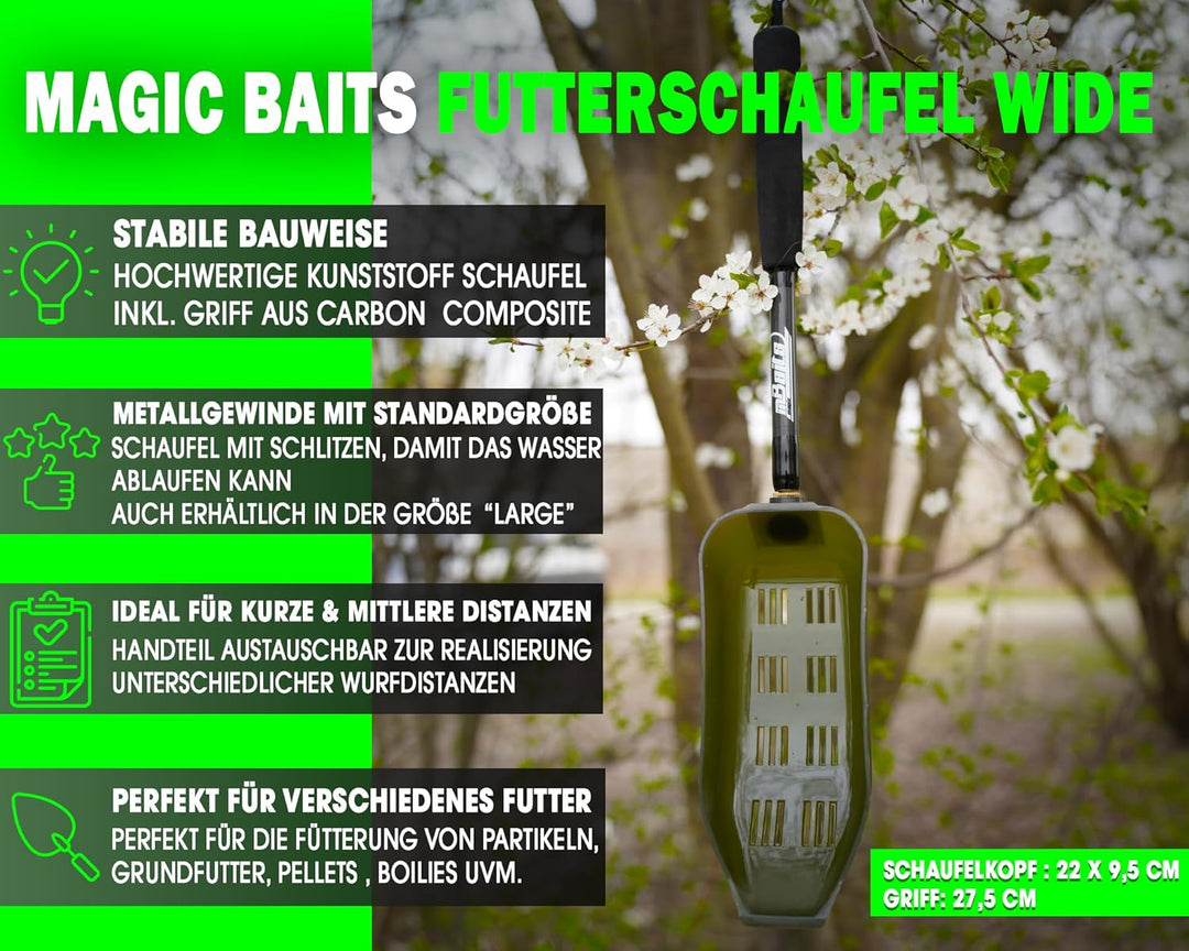 Magic Baits Futterschaufel Wide mit Griff Futterkelle Bait Spoon with Slots and Handle Futterschaufe