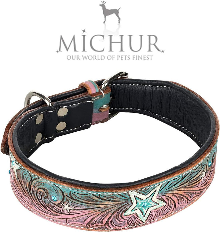 MICHUR Stardust Hundehalsband Leder, Lederhalsband Hund, Halsband, Leder, Stern Muster, Braun Grau P