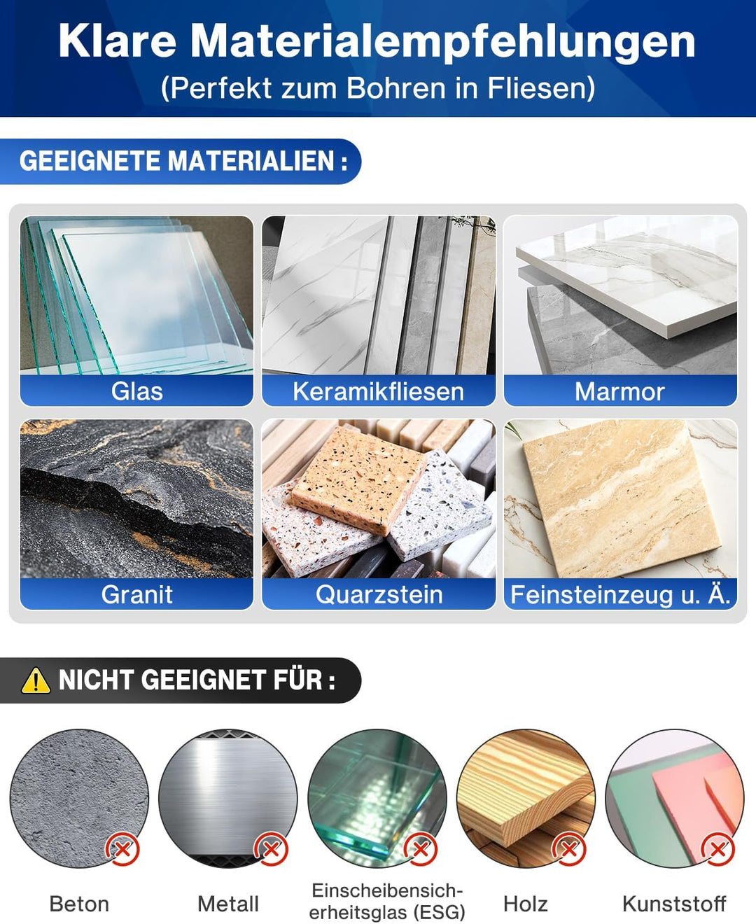 Lytool Fliesenbohrer Diamantbohrer Glasbohrer Set 5 tlg. 5, 6, 8, 10, 12 mm für Keramik, Granit, Gla
