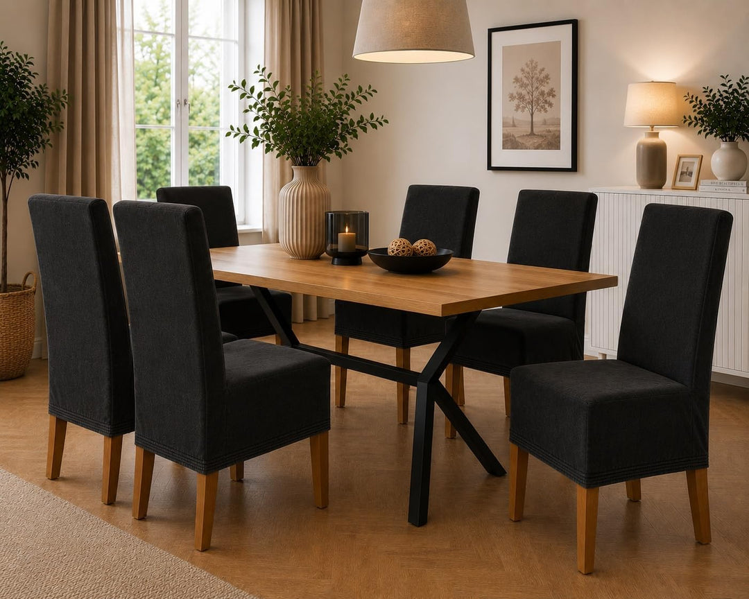 SCHEFFLER-Home Stretch Stuhlhussen Samt Puma Velvet/Velours Stuhlhussen Schwarz 4er Set/Stuhlabdecku