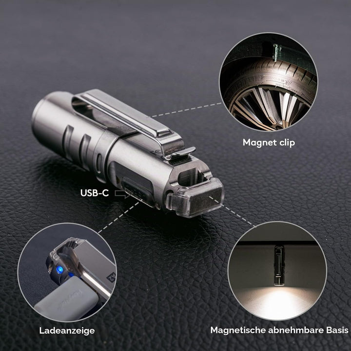 RovyVon A2 LED-Taschenlampe Edelstahl, 650 Lumen, Schlüsselanhänger Taschenlampe wiederaufladbar, IP