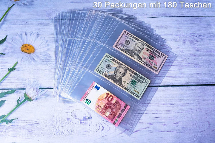 30er-Pack 180 Taschen 11-Loch Banknoten-Hüllen, Nachfüllseite für Bargeldsammelalben, Doppelseitige