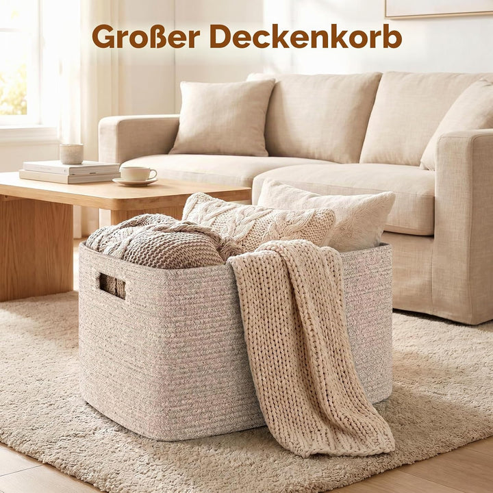 OIAHOMY Grosser Deckenkorb, gewebter Decken-Aufbewahrungskorb mit Griff, Baumwollseilkorb zum Organi