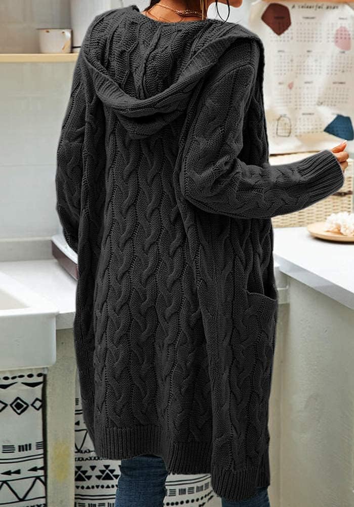 GeGekoko Strickjacke Damen mit Kapuze Langarm Grobstrick-Cardigan Open Front Sweater Herbst Winter C