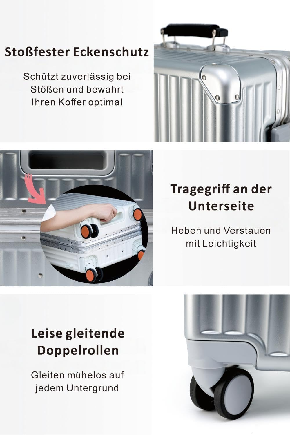 Aoliwei Aluminium-Rahmen Reisekoffer M (64cm) – Premium Hartschalen-Trolley für 4-6 Tage Reisen, Wei