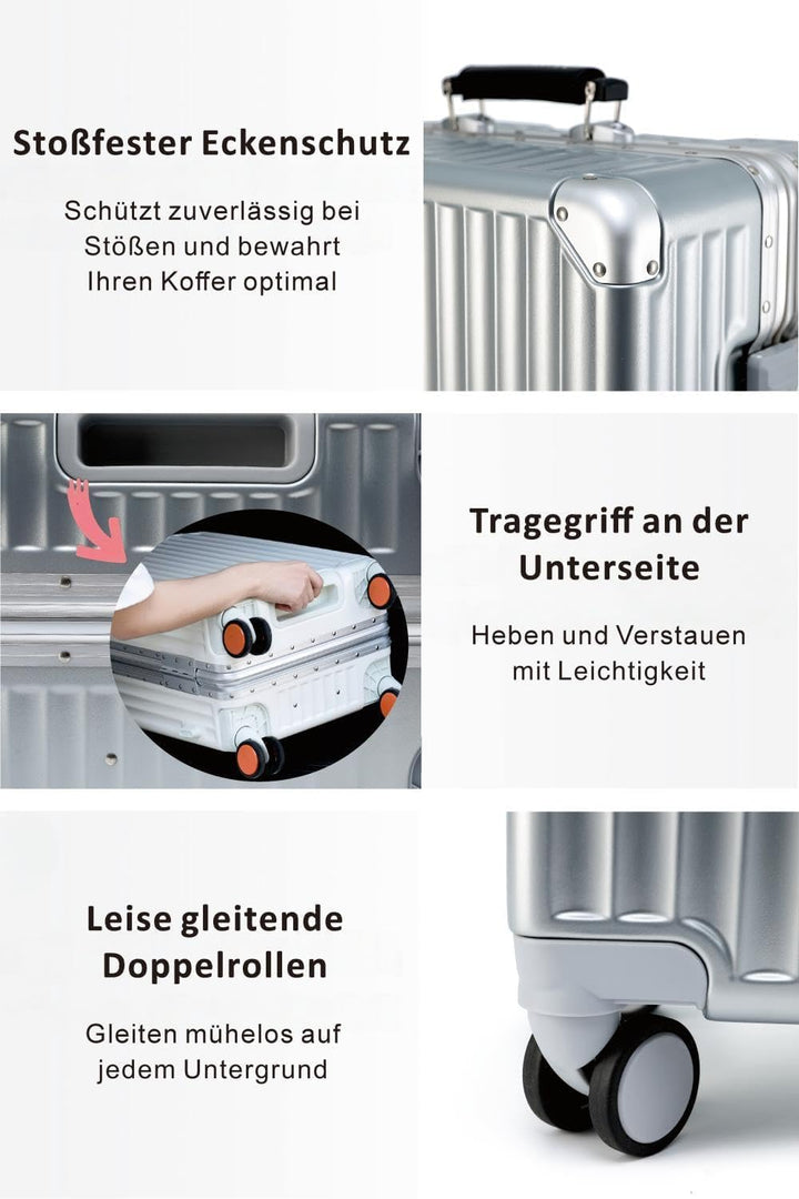Aoliwei Aluminium-Rahmen Reisekoffer M (64cm) – Premium Hartschalen-Trolley für 4-6 Tage Reisen, Wei