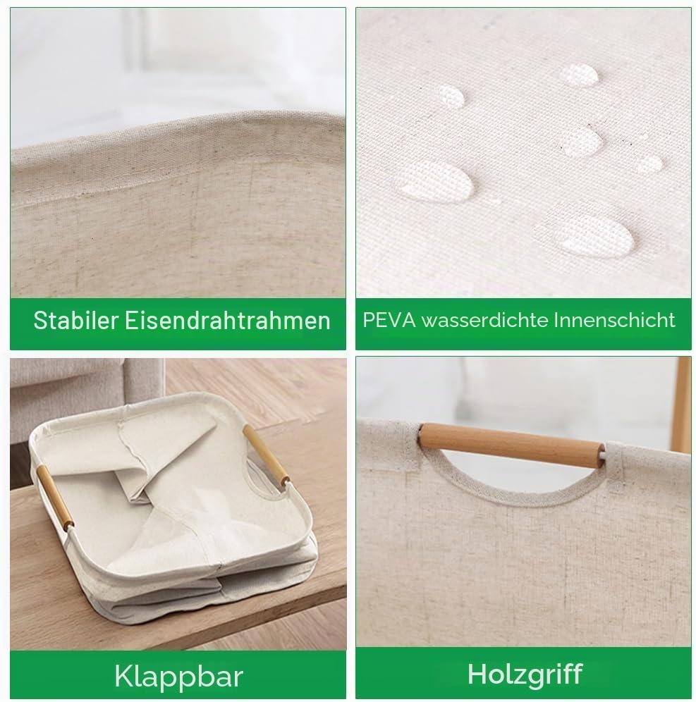 Wäschekorb Faltbar Beige Wäschesack Wäschesammler 60L Körbe Aufbewahrung Wäsche mit Henkel Wasserdic