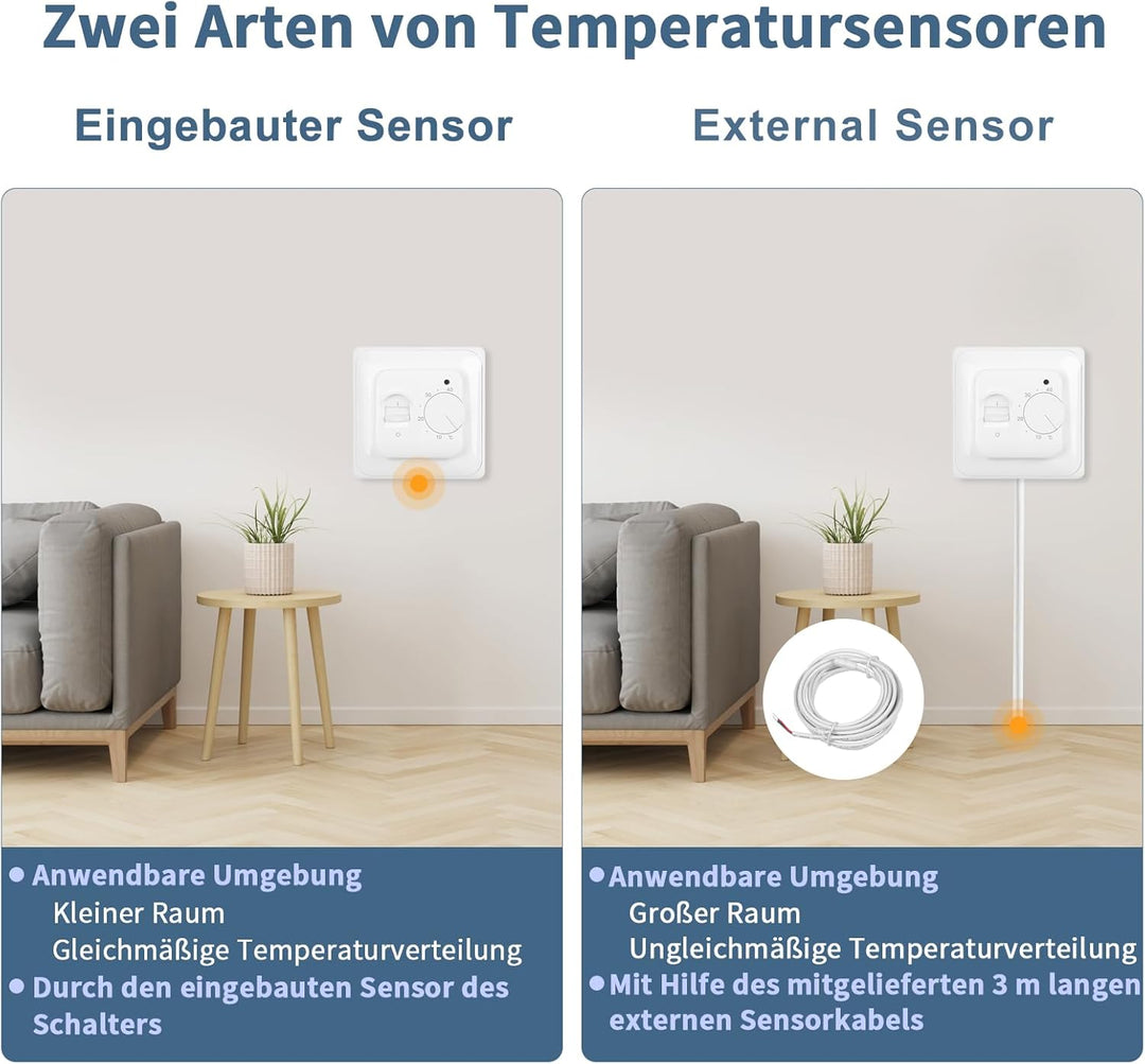 CNBINGO Drehknopf Digitaler Raumthermostat Unterputz mit Fühler, Geeignet für alle Arten von elektri