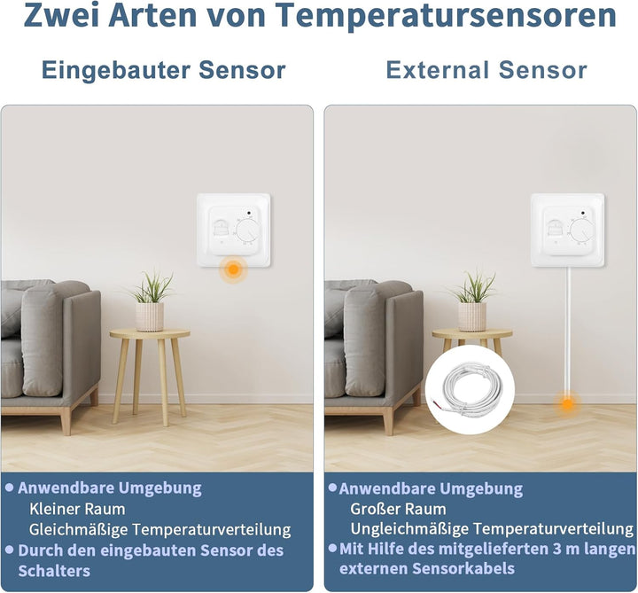 CNBINGO Drehknopf Digitaler Raumthermostat Unterputz mit Fühler, Geeignet für alle Arten von elektri