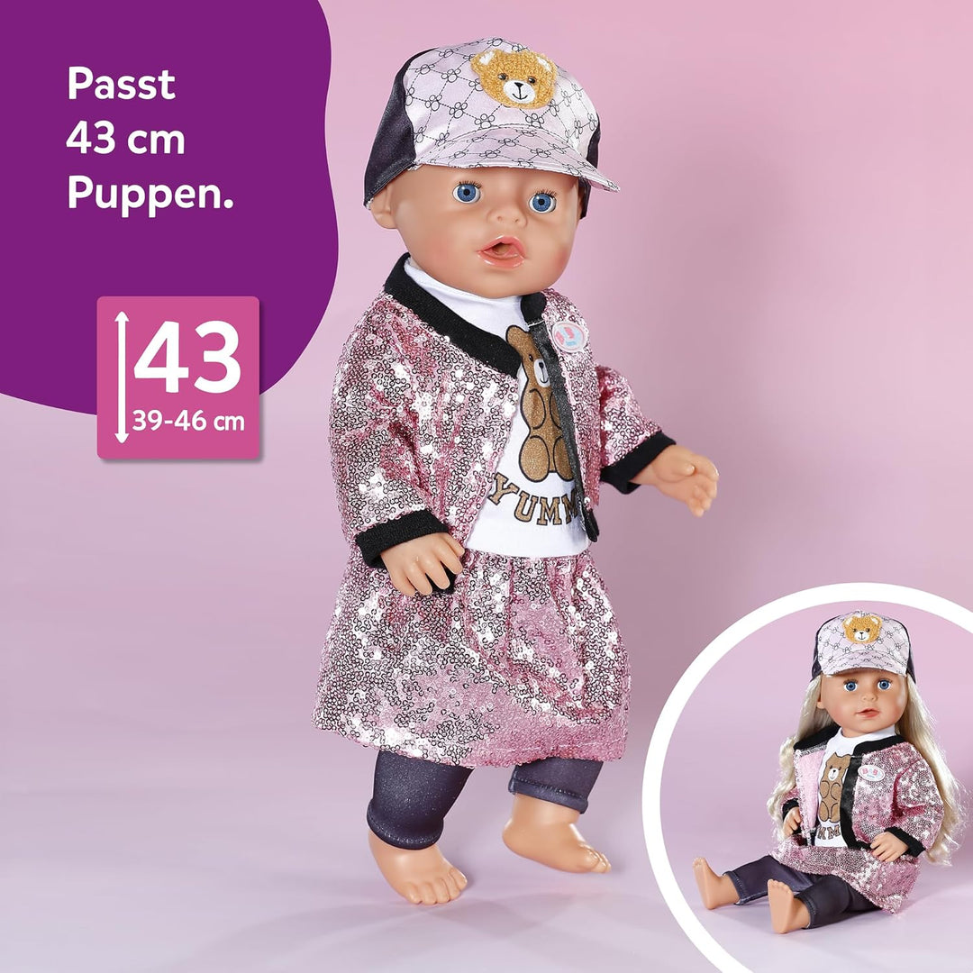 Baby Born Glam-Outfit mit pinkem Pailletten-Rock &amp; Jacke, Shirt mit Teddydruck, Cap &amp; Leggins für 43