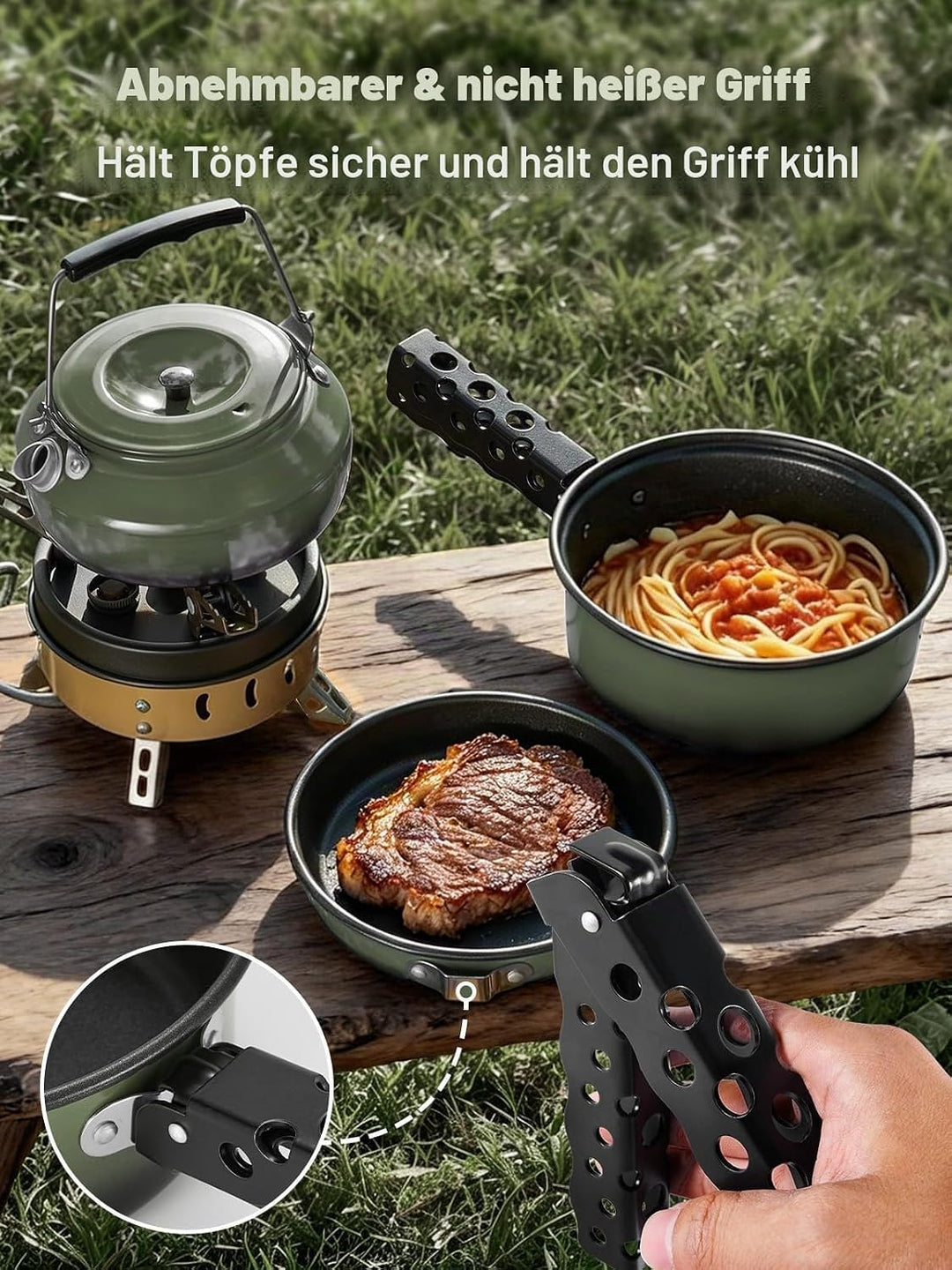 Odoland 5pcs Camping Geschirr Set, Antihaft-Leichtgewicht Topf Pfanne Kettle Set mit einem abnehmbar
