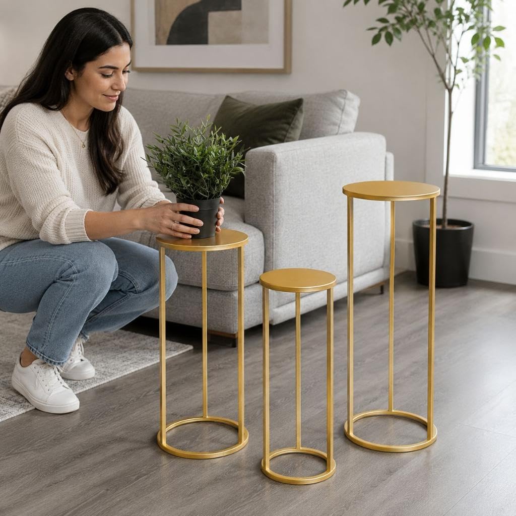 DanDiBo Blumenhocker Metall Gold Rund Blumenständer Beistelltisch 96510 3er Set Blumensäule Modern P