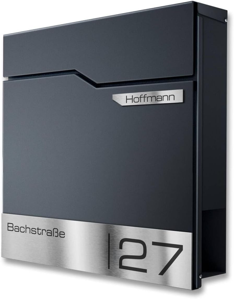 Metzler Briefkasten Anthrazit mit Zeitungsfach &amp; personalisiertem V2A Edelstahl Namensschild Lasergr